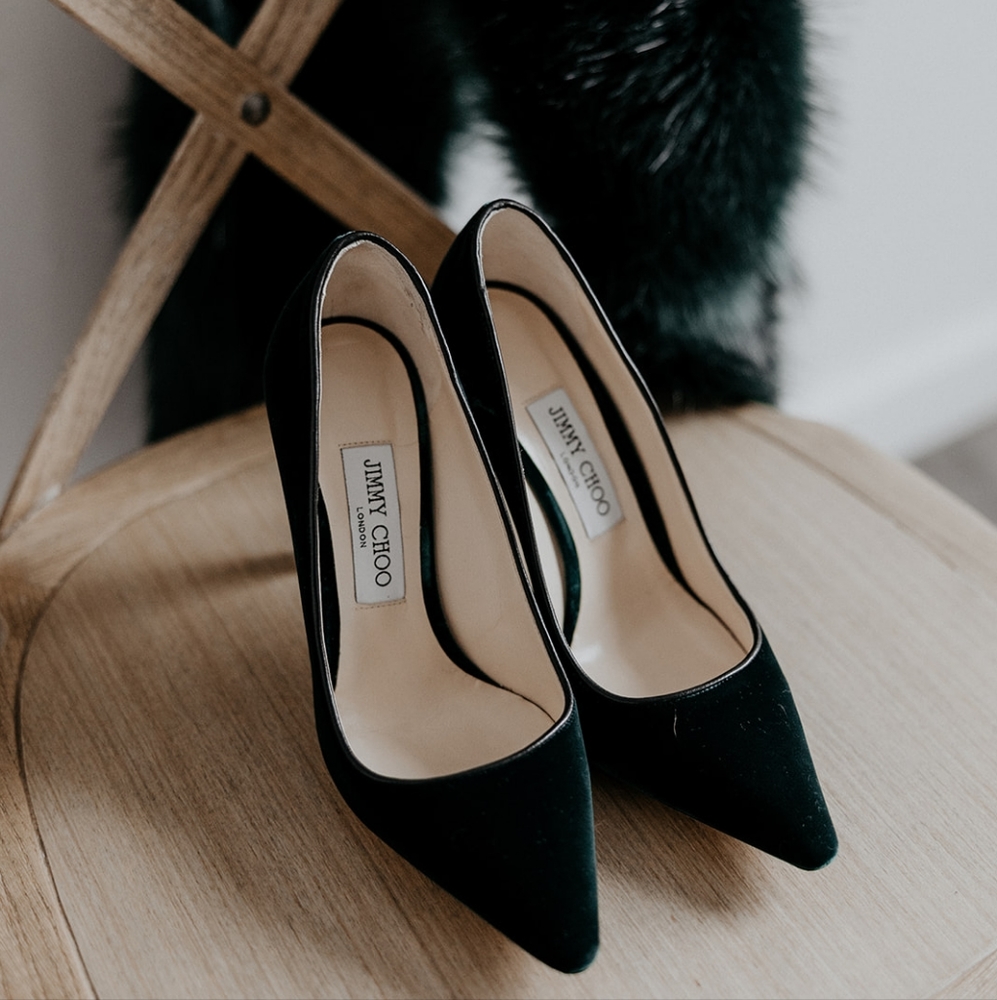 Jimmy Choo Romy 100 Bottle Green Velvet Heels 7.5